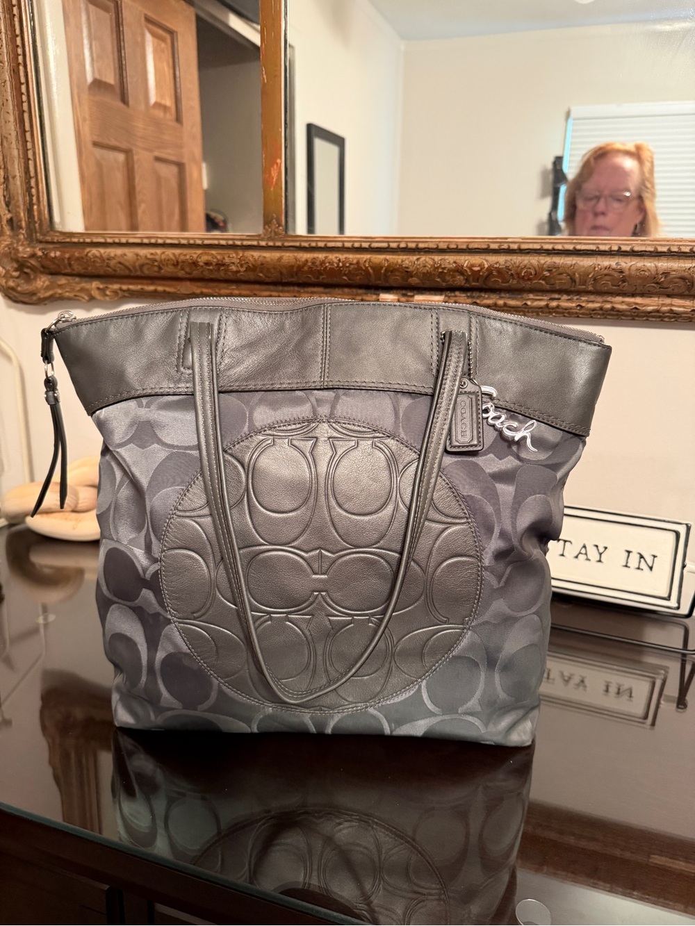 Coach Gray Signature Circle Tote with Leather Trim